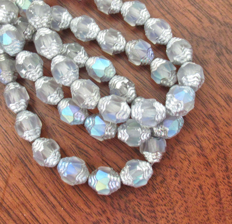 15 Czech glass mini antique style faceted oval beads - 8 x 6mm matte crystal clear ab with silver accents - C00071