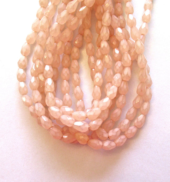 Lot of 25 7 x 5mm Czech glass teardrop beads - coated milky pink - faceted fire polished drop beads - C00211