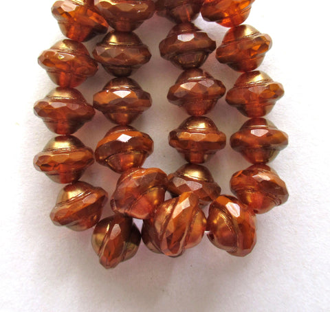 Ten Czech glass faceted saturn saucer beads - 8 x 10mm rust pumpkin orange brown w/ bronze picasso accents - C00591