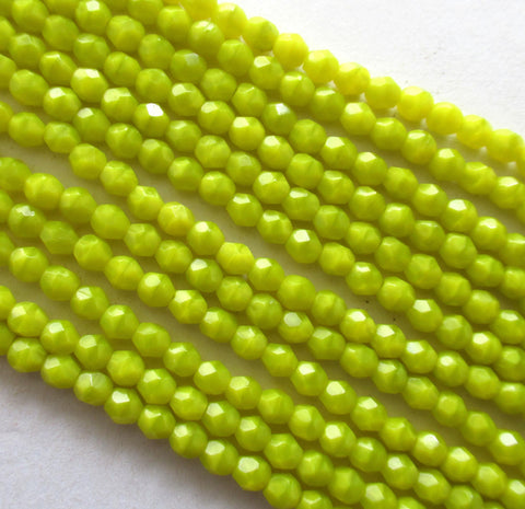 50 faceted round Czech glass beads - 4mm - chartreuse - bright yellow green - fire polished beads - C0046