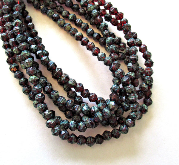 50 4mm Czech glass faceted English cut beads - garnet red with a full picasso finish - rustic earthy beads - C0057