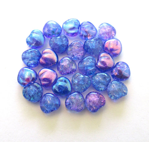 Lot of 10 Czech glass heart beads - 11mm blue and purple crackle glass hearts with an ab finish - C0049