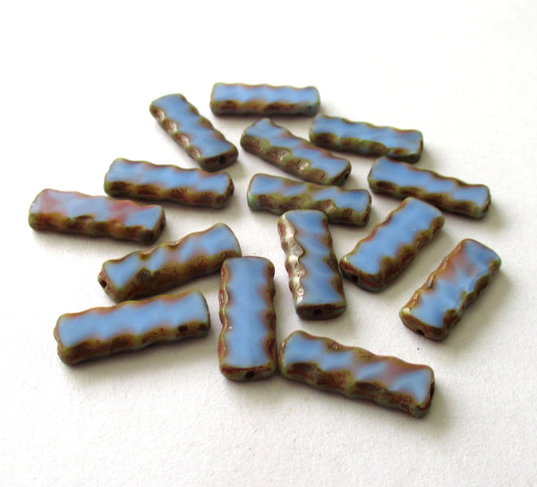 Czech glass rectangle tube beads - blue picasso beads - serrated edges - long flat table cut beads - 17 x 7mm - 15 pieces - C00051