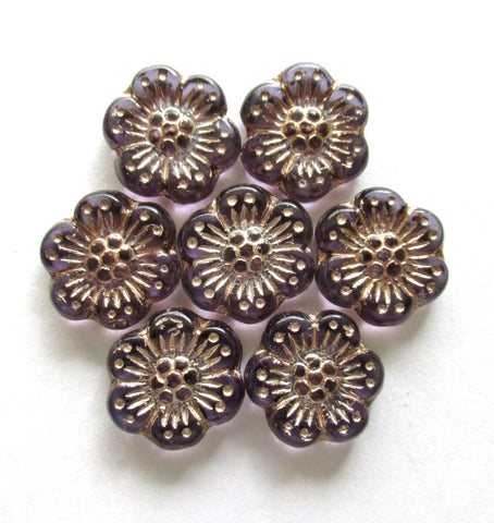 Twelve 14mm Czech glass wild rose flower beads - transparent light tanzanite purple floral beads with a platinum wash C00051