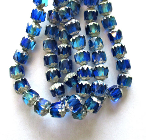 20 6mm Czech glass cathedral beads - sapphire & aqua blue mix w/ silver picasso accents - faceted fire polished antique cut beads C00081