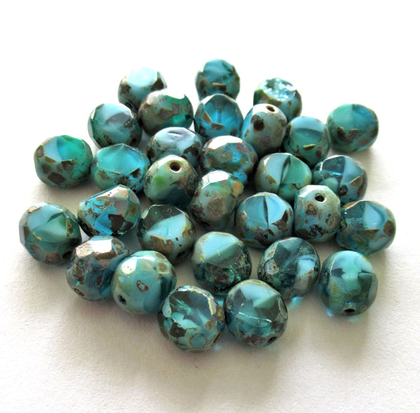 Dual faceted Czech glass beads - 8mm - marbled turquoise blue picasso - 2 cut table cut fire polished - thick window beads - 10 pcs - 0079