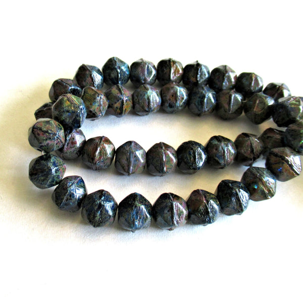 20 8mm Czech glass faceted English cut beads - dark blue with a full picasso coat - rustic earthy beads - C0089