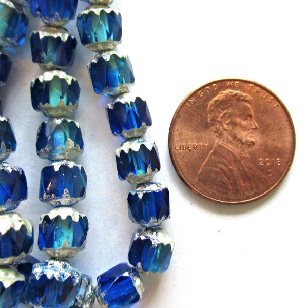 20 6mm Czech glass cathedral beads - sapphire & aqua blue mix w/ silver picasso accents - faceted fire polished antique cut beads C00081