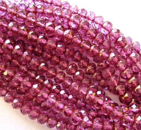 25 Czech glass faceted puffy rondelle beads - 5 x 7mm - french rose or pink with copper accents - rondelles - C00411