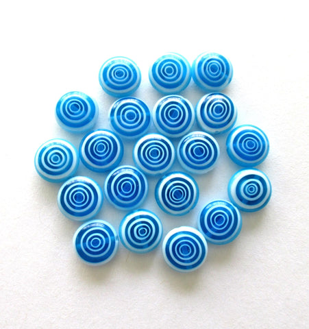 Ten 10mm glass coin beads - aqua blue and white disc beads - target or concentric circles beads - C0001