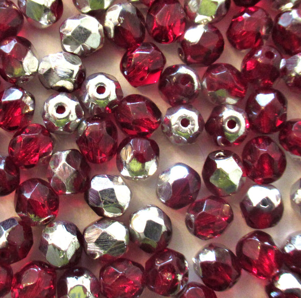 25 6mm Czech glass beads - garnet red & silver faceted fire polished round beads, C0005