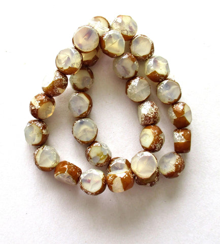 Dual faceted Czech glass beads - 8mm - milky white w/ brown & silver accents - 2 cut table cut - thick window beads - 10 pcs - 00051