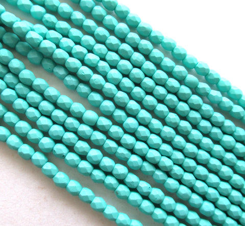 Fifty 3mm Czech glass beads - opaque matte saturated teal / turquoise blue green - fire polished faceted round beads - C0097