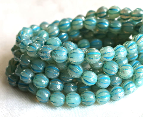 25 Striped aqua blue mercury melon beads, 6mm pressed Czech glass beads C0901