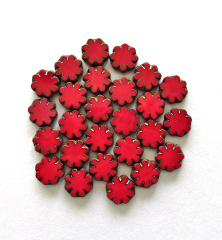 20 Czech glass flower beads - opaque red picasso beads - 9mm - table cut - cactus flower beads - C00832