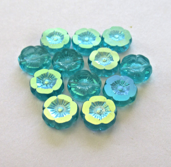 12 Czech glass flower beads - 12mm table cut, carved - aqua blue with a mirror ab finish - Hawaiian hibiscus floral beads C00012