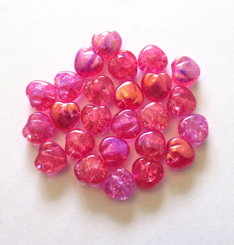 Ten Czech glass heart beads - 11mm bright hot pink crackle glass hearts with a metallic pink finish on one side of each bead- C0049