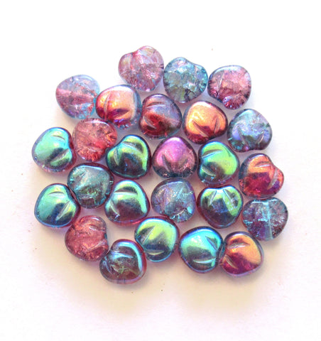 Lot of 10 Czech glass heart beads - 11mm pink crackle glass hearts with a pink and blue ab finish - C0049