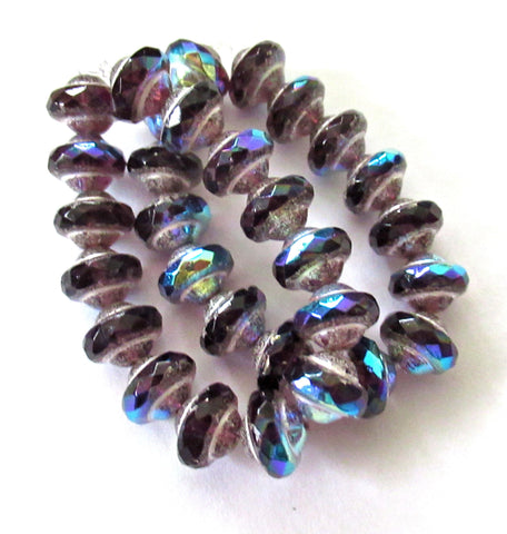 15 Czech glass mini saturn / saucer beads - 6 x 8mm purple / amethyst ab with picasso accents - C00522