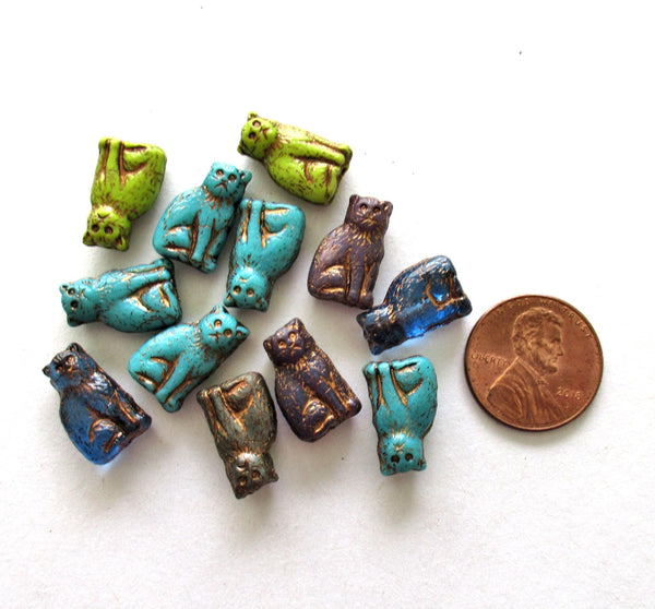 Ten Czech glass cat beads - color mix of opaque & transparent cats with a bronze wash - 15 x 10mm - C00661