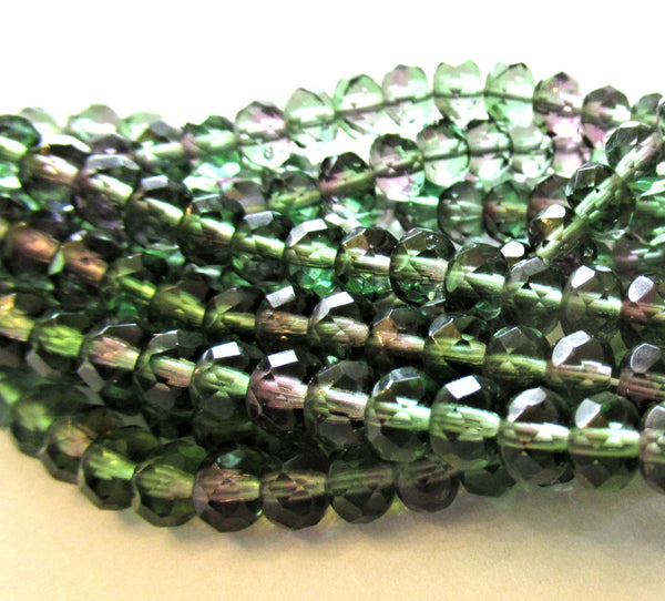 25 5 x 7mm Czech glass puffy rondelles - multicolored mix of transparent purple & green faceted fire polished rondelle beads - C00051