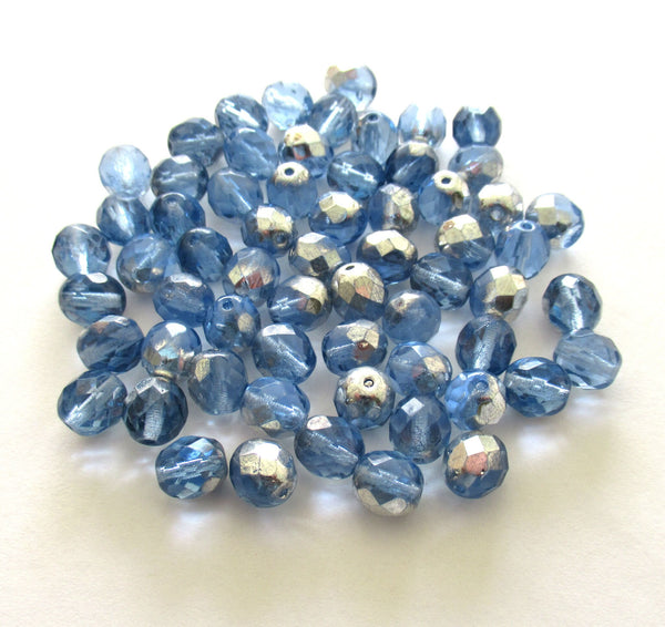 25 8mm Czech glass beads - light sapphire blue half silver fire polished faceted round beads C0056