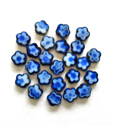 Ten Czech glass flower beads - 10mm - opaque marbled blue and white picasso - table cut floral beads - C0097