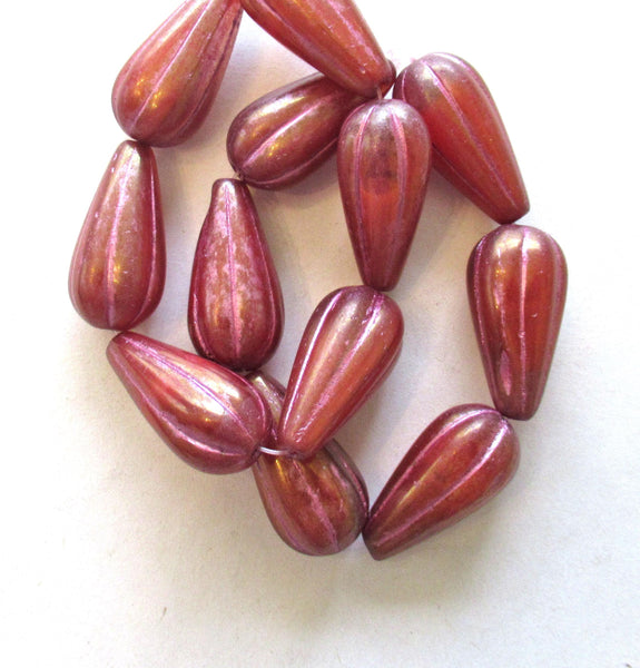 Six large Czech glass teardrop melon beads - luster pink opal w/ a pink wash - 22 x 11mm tear drops 00362