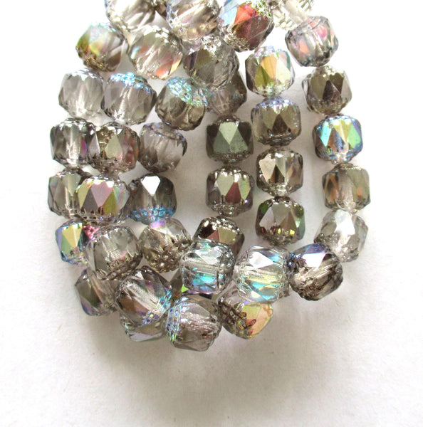 Fifteen 8mm Czech glass cathedral beads - crystal & silver ab w/ silver ab picasso accents - faceted fire polished antique cut beads C00081