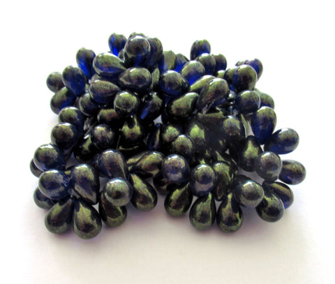 Lot of 25 Czech glass drop beads - deep sapphire blue with a bronze finish - smooth teardrop beads - 9 x 6mm C0058