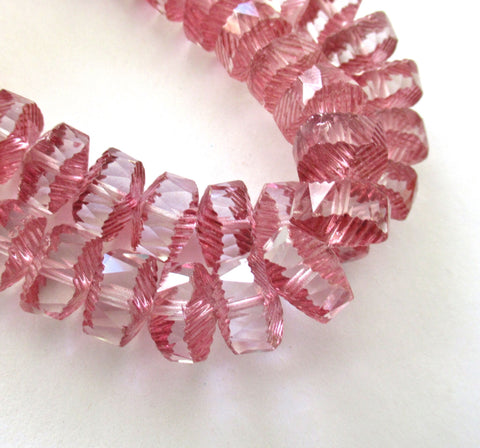 Lot of 6 Czech glass faceted wavy rondelle beads - large 14 x 6mm pink & crystal chunky rondelles - focal beads - C00971