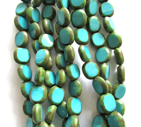 Ten Czech glass oval beads - 10 x 9mm marbled silky turquoise blue green picasso table cut window beads - 00161