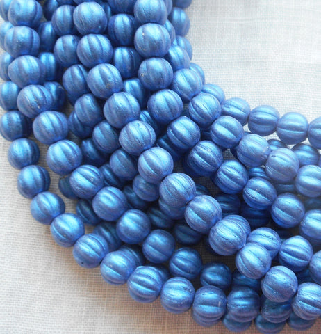 Fifty 5mm Matte Metallic Suede Blue melon beads, Czech pressed glass beads C0950