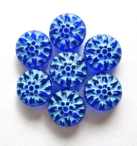 Six Czech glass Dahlia flower beads - Transparent cobalt blue w/ turquoise wash - 14mm floral puffy disc or coin beads C0009