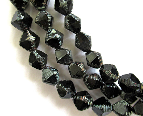 Fifteen Czech glass bicones - 8mm jet black picasso carved notched bicone beads - C00601