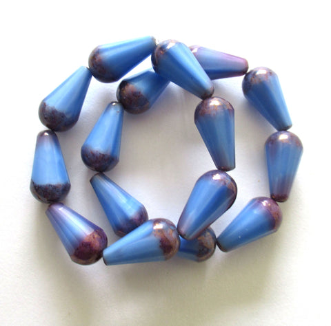 8 Czech glass faceted teardrop beads - 8 x 15mm opaque cornflower & purple blue w/ a bronze finish on the ends - large drop beads - 00442