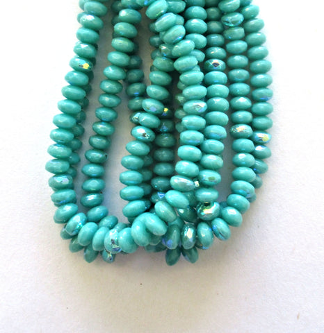 30 small puffy rondelle beads - opaque turquoise blue green ab - 3mm x 5mm faceted Czech glass rondelles 00041