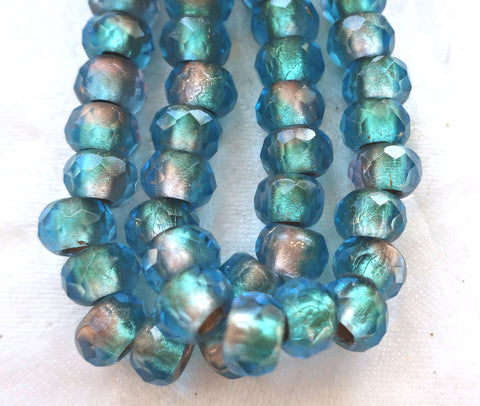 Five 12 x 8mm faceted Czech glass roller or rondelle beads - matte blue gold lined - big 5mm holes, big hole focal beads 00501