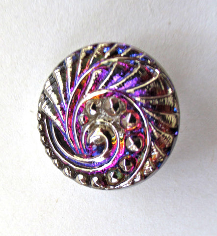 One 18mm iridescent Czech glass button - pink & purple swirl pattern with silver highlights - decorative shank button 000522