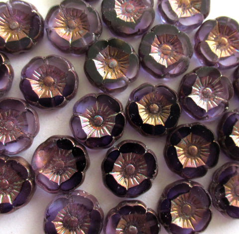 Twelve 12mm Czech glass flower beads - transparent purple tanzanite beads w/ bronze accents - Hawaiian hibiscus table cut carved beads 00112