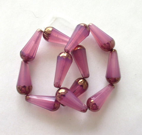 Six Czech glass long faceted teardrop beads - milky pink opal w/ picasso finish on the ends - 9 x 20mm elongated tear drops 00903