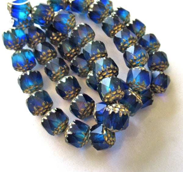 Fifteen 8mm Czech glass cathedral beads - sapphire & aqua blue mix w/ gold picasso accents - faceted fire polished antique cut beads C00302