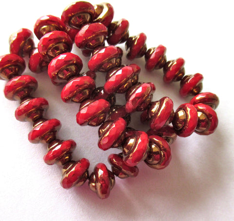 15 Czech glass mini saturn or saucer beads - opaque bright red w/ bronze picasso accents - 6 x 8mm faceted fire polished beads- C00842