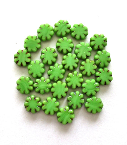 15 Czech glass flower beads - bright green picasso beads - 9mm - table cut cactus flower beads - C00261