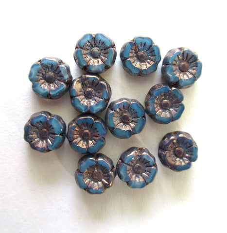 12 small Czech glass flower beads - 7mm opaque silky blue Hawaiian flowers w/ bronze picasso accents - table cut, carved floral beads C00011