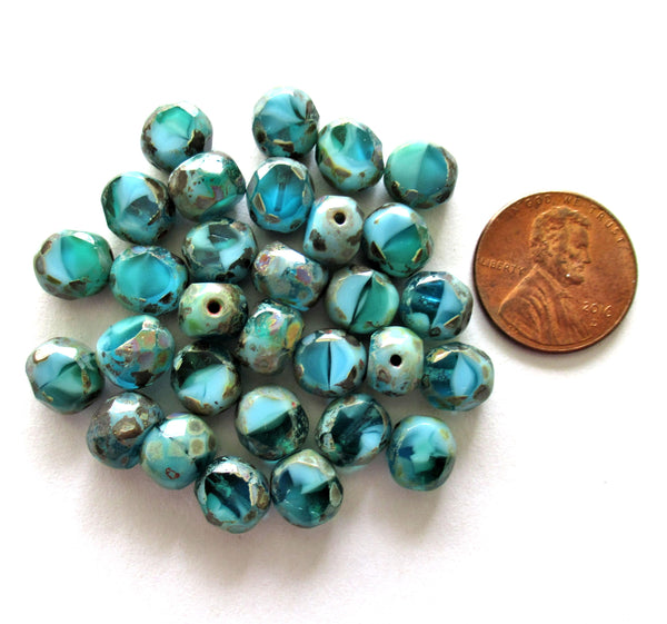 Dual faceted Czech glass beads - 8mm - marbled turquoise blue picasso - 2 cut table cut fire polished - thick window beads - 10 pcs - 0079