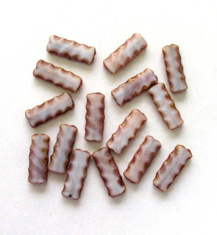 Czech glass rectangle tube beads - white picasso beads with serrated edges - long flat table cut beads - 17 x 7mm - 15 pieces - C00051