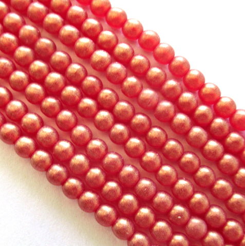 100 4mm Czech glass druks - Sueded Gold Ruby Red - siam red smooth round druk beads with a matte gold finish - C0093