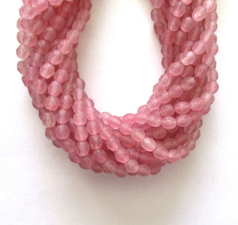 Lot of 50 4mm Czech glass beads - matte pink hurricane glass beads - round, faceted fire polished beads C0063