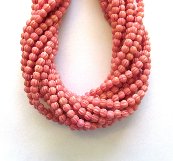 100 3mm Czech glass melon beads - pacifica watermelon opaque matte pink pressed glass beads - C00701